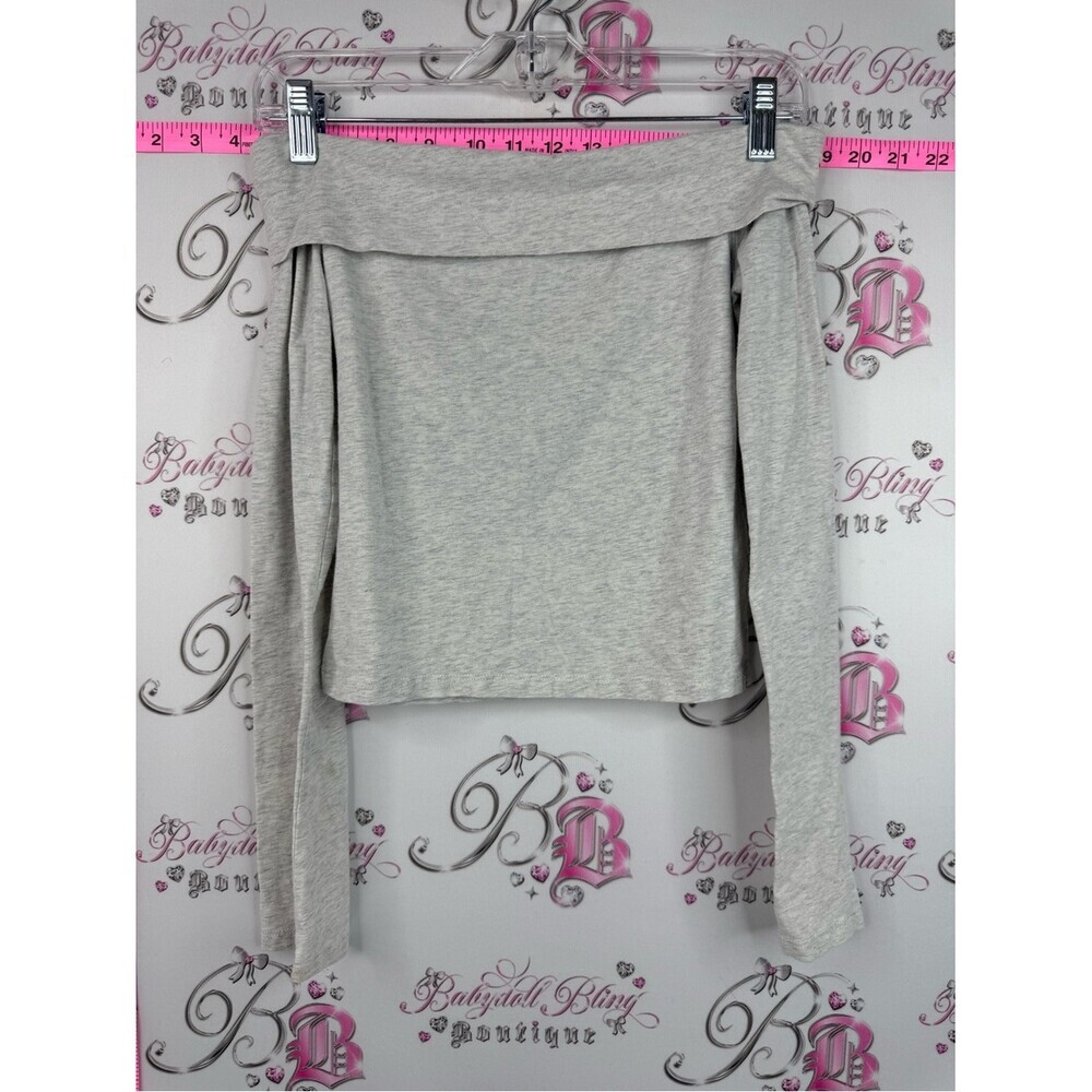 Harlow shirt long sleeve stretchy Light Gray Off-Shoulder Long Sleeve Top